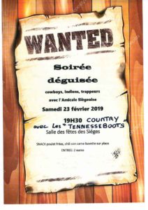 Affiche de la soirée déguisée aux Sièges. Le Far west avec les "Tennesseboots"