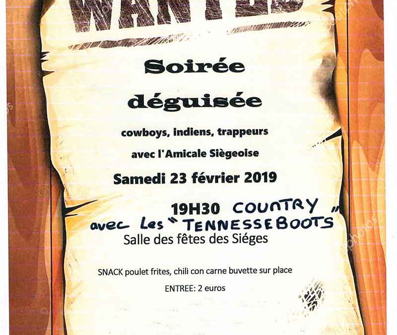 Affiche de la soirée déguisée aux Sièges. Le Far west avec les "Tennesseboots"